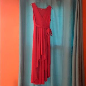 Red high-low faux wrap dress